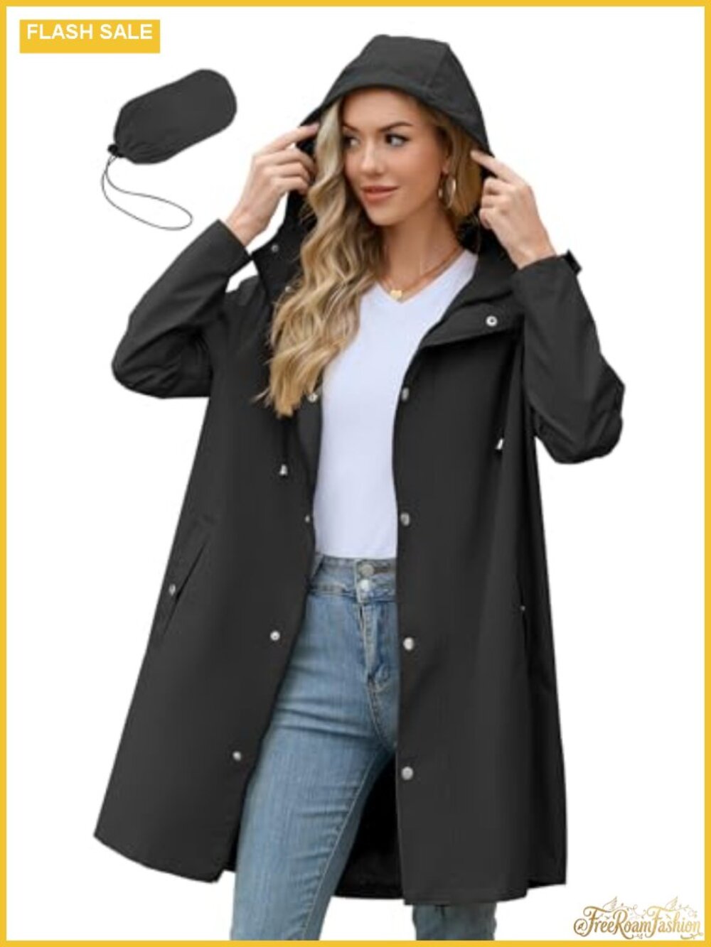 Long Packable Waterproof Rain Jacket Hooded Lightweight Raincoat